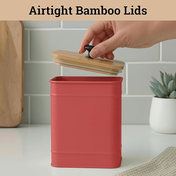Kitchen Canisters for Countertop Set of 4 with Customizable Chalkboard Labels & Marker Pen - Big Iron Kitchen Canister Set with Airtight Lids - Red Canisters - Sugar Tea Coffee Containers Sets