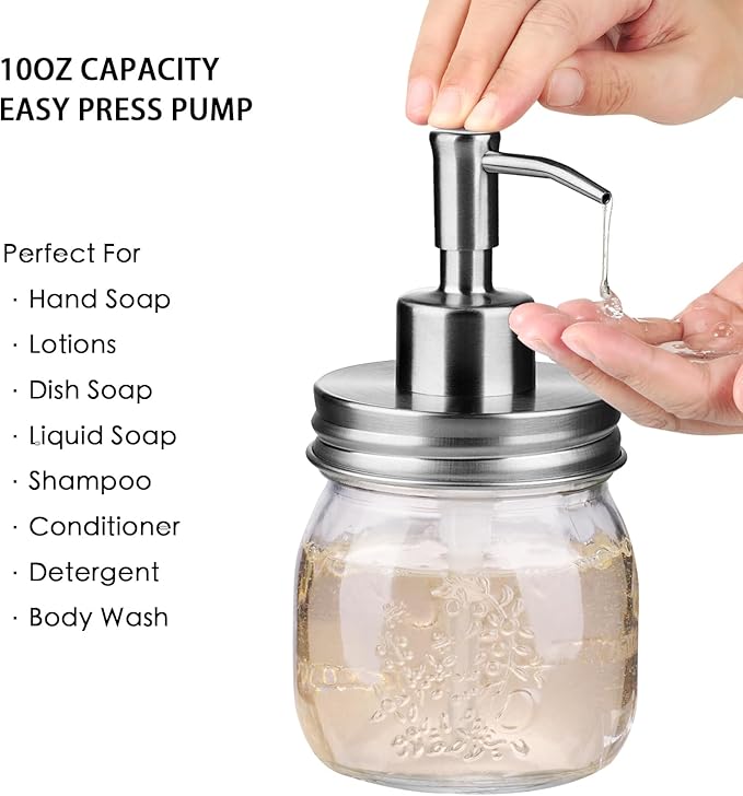 Amolliar Mason Jar Bathroom Accessories Set 4 Pcs -Lotion Soap Dispenser & 2 Qtip Holders & Toothbrush Holder - Rustic Farmhouse Decor, Bathroom Home Decor (Brushed Nickel)