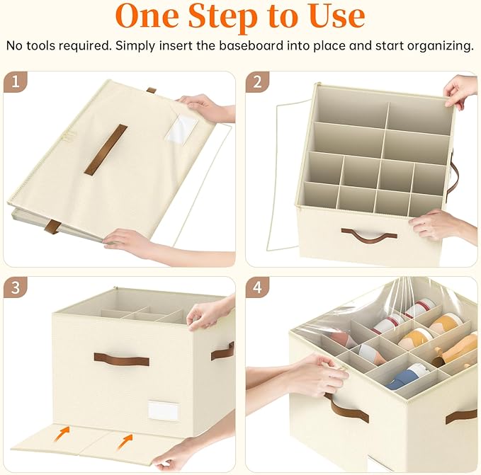 3 Pack Shoe Organizer for Closet, Foldable Shoe Storage Containers, Fits 24-48 Pairs, Shoe Storage Organizer Box Cubby Baskets Bins with Clear Cover and Reinforced Handles, Beige