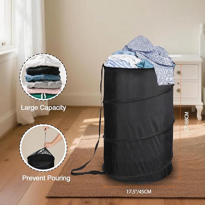 BATTOO Extra Large 107L Strong Laundry Hamper 17.5" x 27" Collapsible Laundry Baskets with Long Straps Drawstring Barrel Foldable Hamper for Laundry Room, Bathroom, Campout, College Dorm or Travel