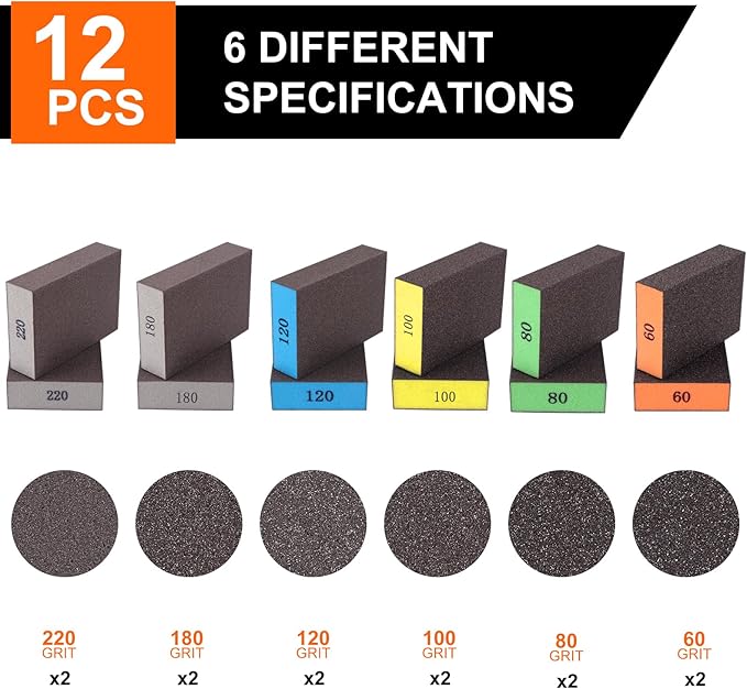 Romeda 12-Pack Sandpaper Block, Four Grits Per Pack 220/180/120/100/80/60, Washable and Reusable Handmade Sanding Sponge, Drywall Sandpaper Blocks for Wooden Drywall Sheetrock and Metal Glazing