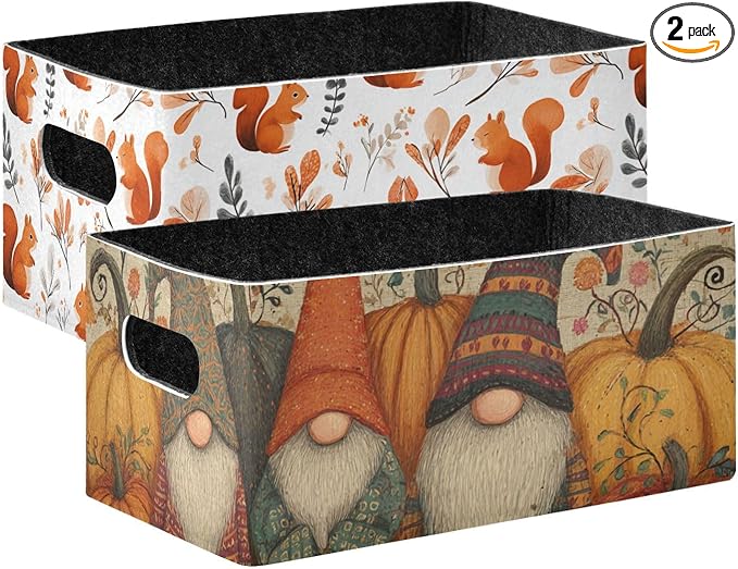 Closet Storage Bins 2 Pcs Felt Open Home Storage Containers Organizer with Handles Collapsible Shelf Basket for Home Office Craft Room Classroom Fabric Squirrels Fall Leaf Happy Gnomes Pumpkin