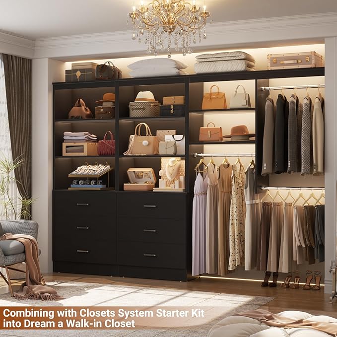 Aheaplus 47.2" Closet Drawers System, 3.94FT Wood Closet Organizer System with 6 Drawers, Modular Small Walk-in Closets Storage Unit, Set of 2, Black (47.2" L x 13.8" W x 71" H)