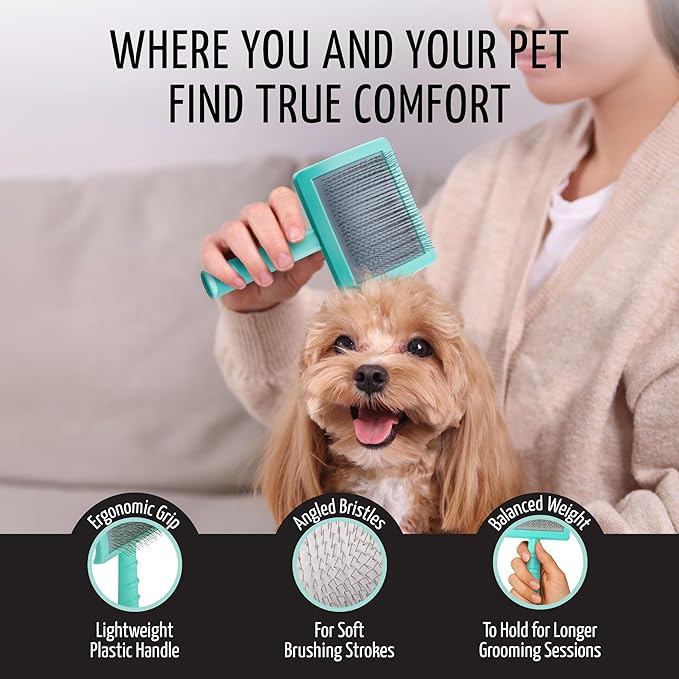 Tauro Pro Line Deshedding Slicker Brush for Dogs & Cats, Hard Pins for Undercoat Removal & Dematting, Grooming Tool for Long & Wavy Coats, Ideal for Golden Retrievers, Non-Slip, Mint, Large Size (L)