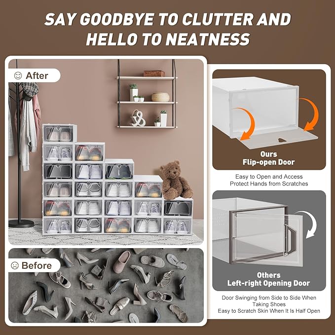 Bitodd 20Pcs Large Plastic Shoe Storage Boxes, Simple Modern Lightweight and Foldable Shoe Organizers, Easy to Access Shoe Horn for Store Flat Casual Footwear and Sneakers
