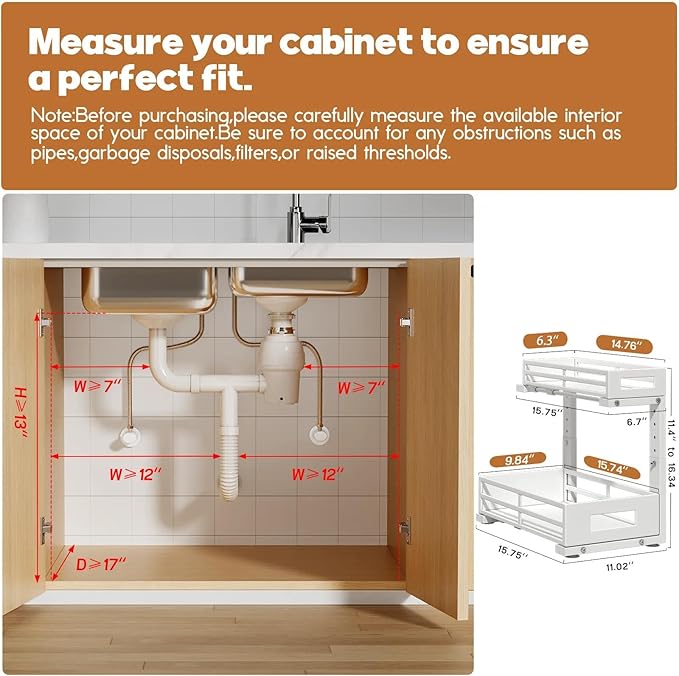 1-Pack Under Sink Organizers and Storage,2-Tier L Shape Pull Out Cabinet Organizer With Round Tube Slide Rails,Hight Adjustable Slide Out Drawers for Kitchen&Bathroom,Multi-Purpose Storage Shelf-White