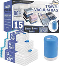 Cozy Essential 15 Pack Travel Vacuum Storage Bags with Rechargeable Wireless Electric Pump for Luggage, Suitcase, Carry-on Size Vacuum Seal Compression Space Saver Bags for Clothes and Clothing Travel