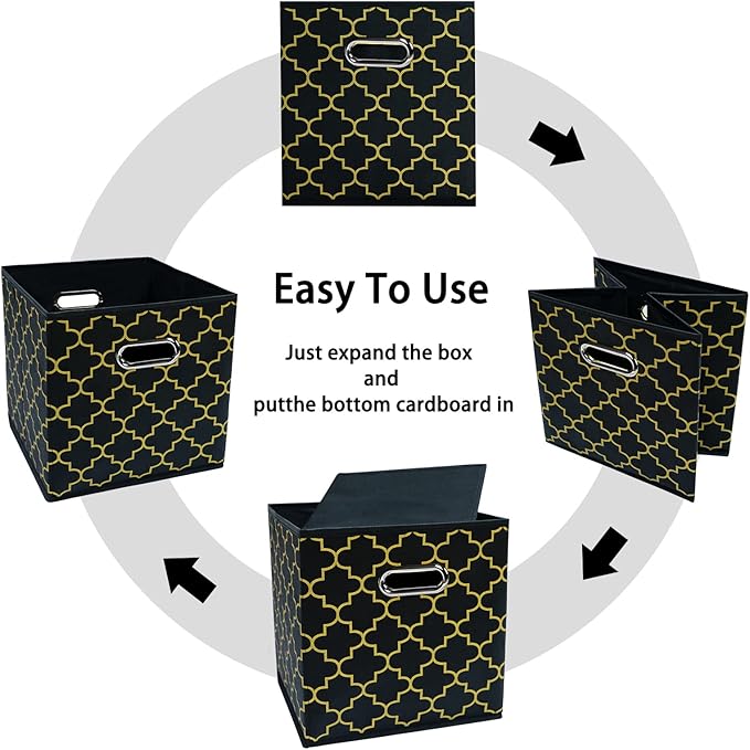 Black Foldable Storage Cubes Bins , Fabric Storage Box Cubes Organizer Baskets with Dual Handles for Home Organizer Black Gold