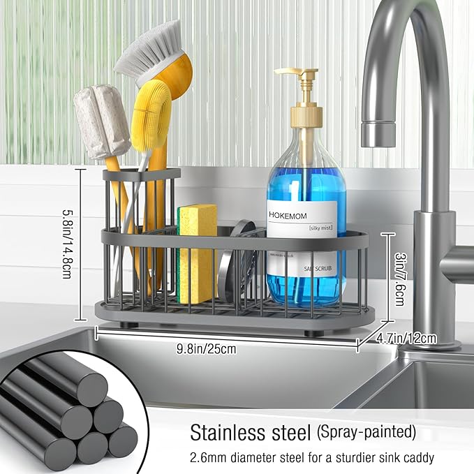 LARGE Kitchen Sink Caddy Organizer,[FLEXIBLE PLACEMENT & FAST-DRYING] Sponge Holder for Kitchen Sink Countertop with High Brush Holder-Rustproof 304 Stainless Steel-9.84"L x 4.72"W x 5.83"H