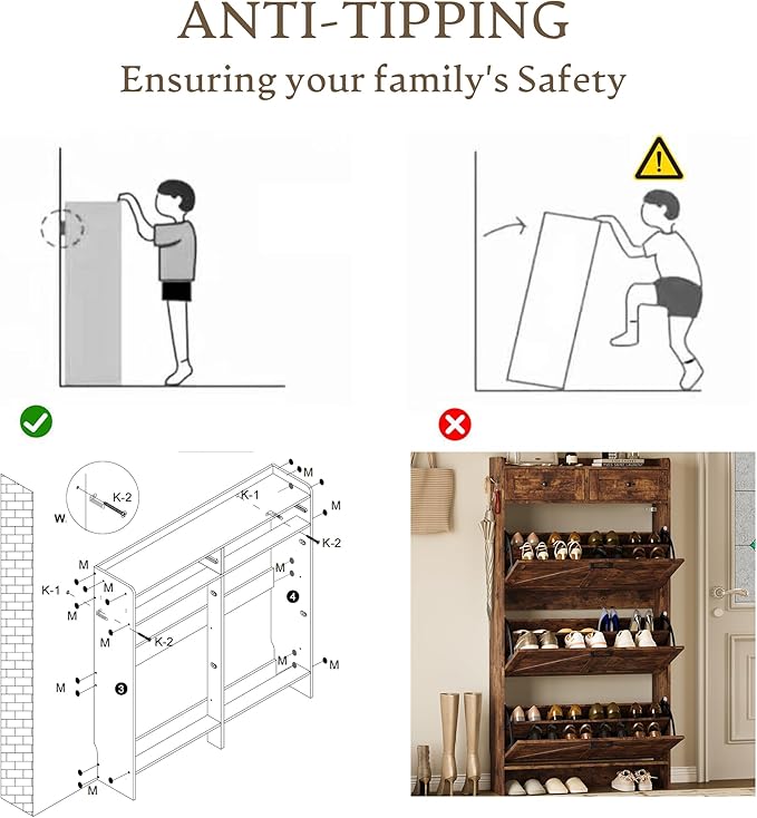 BORNOON Shoe Storage Cabinet for Entryway, Farmhouse Narrow Shoe Cabinet with 3 Flip Drawers & 2 Top Drawers, Adjustable Shelves & Hooks, Freestanding Hidden Rack Organizer for Hallway, Foyer