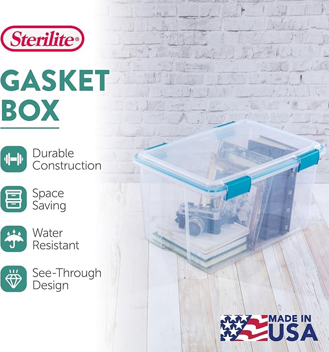 Sterilite 8-Pack Gasket Box, Weather-Resistant Storage Bins with Latching Lids, 54 Quart - Heavy-Duty Organizing Containers for Closet, Bathroom, and Office