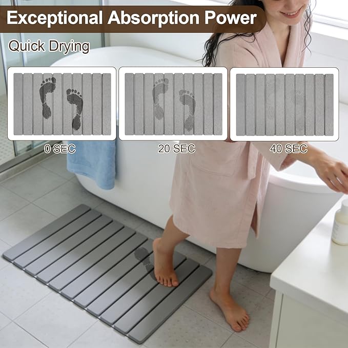 BJSNEIF Rolling Up Stone Bath Mat for Bathroom, Foldable with Absorbing Tray, Quick Drying, Non-Slip, Gray, 15.4x23.6 Inch, 2-Piece Set