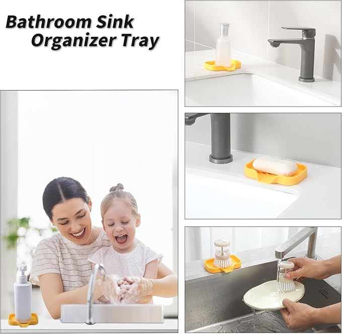 MicoYang Silicone Bathroom Soap Dishes with Drain Spout-Bathroom and Kitchen Sink Organizer,Sponge Holder,Dish Soap Tray,Perfect for Dispenser,Scrubber,Bottle,Cup on Sink or Counter-Yellow 4.9"×3.2"