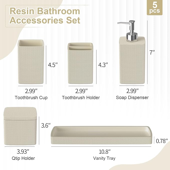 Beige Bathroom Accessories Set 5 Pieces, Resin Toothbrush Holders Set Complete with Soap Dispenser, Toothbrush Holder, Vanity Tray, Bathroom Tumbler and Qtip Holder for Small Spaces