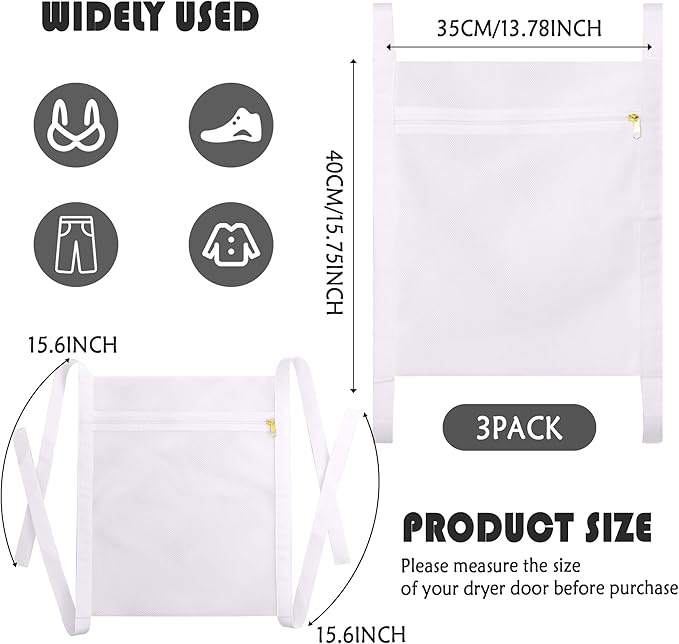Sneaker Wash & Dry Net Bag for Dryer,15.7x13.8 Inch Large HoneyComber Mesh Bags with Zipper and Strap for Shoes, Clothing, Laundry Reused Bag Tool, 3 Pcs