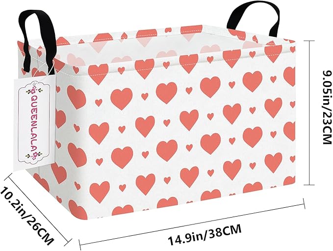 QUEENLALA Rectangular Laundry Hamper/Foldable Nursery Laundry Basket for Organizing/Storage Bin Baskets/Children Toy Office Bedroom/Toy Bin Closet Shelf Baskets（Rec-Pink Heart）