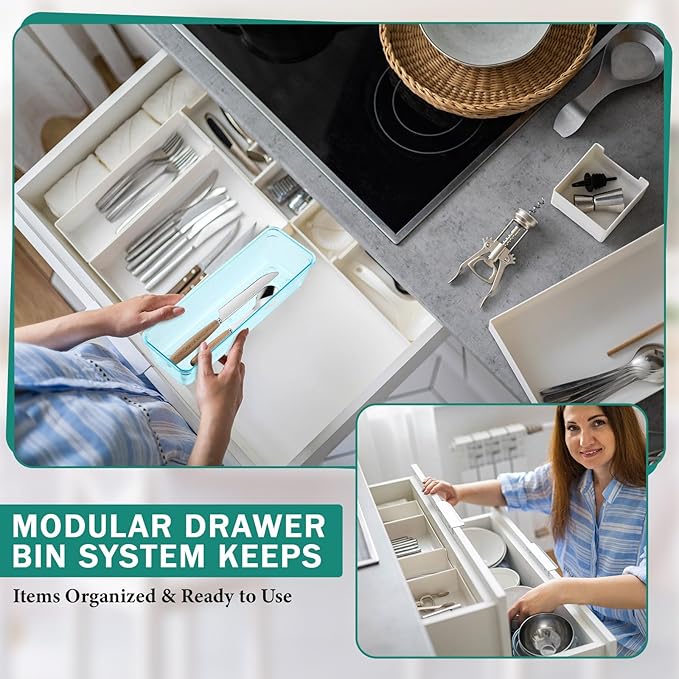 Maitys 12 Pcs Clear Drawer Organizer 9 x 3 x 2 Inches Plastic Rectangle Trays Makeup Vanity Storage Bins and Kitchen Drawers Dividers for Office Desk Silverware Kitchen Utensils(Blue)