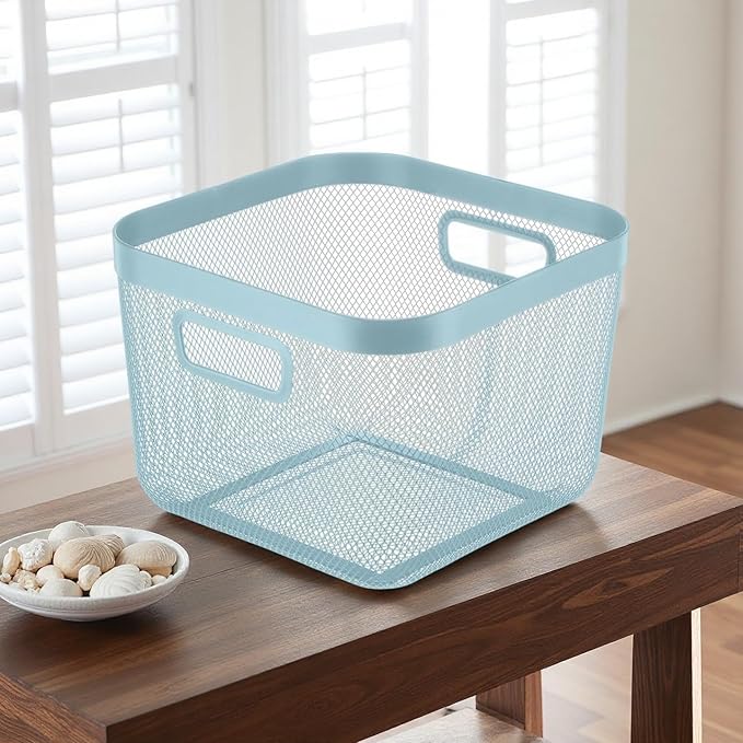 Metal Mesh Steel Baskets, Household Wire Storage Organizer Bin Garden Harvest Basket Multi-functional Fruit Baskets with Handles for Kitchen Bathroom Picnic Shopping Decor Cabinet Home, Blue