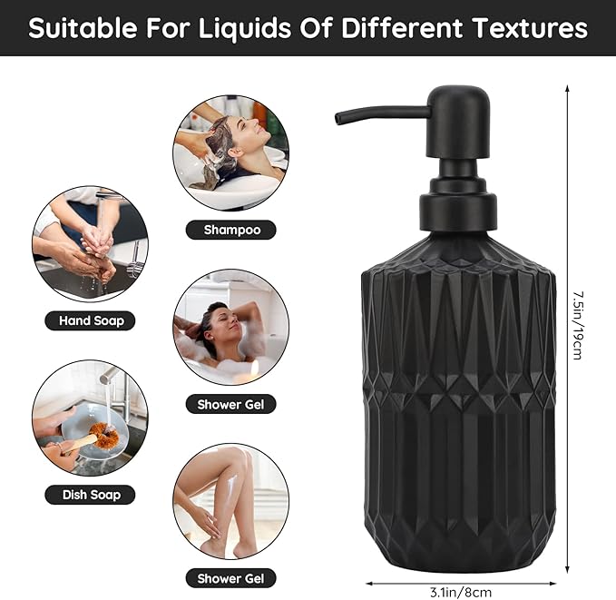 Segbeauty Black Soap Dispenser, 2pcs 15.2oz Glass Pump Bottles with Labels for Farmhouse Decor, 450ml Empty Refillable Kitchen Soap Dispenser Set Bathroom Accessories for Western Modern Home Decor