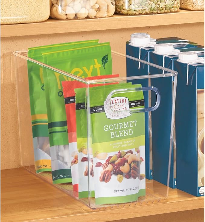 mDesign Plastic Modern Kitchen, Pantry Food Storage Container Bin w/ Handles - Cabinet, Fridge/Freezer, Countertop Organizer - Snacks/Drink/Appliances; Ligne Collection, Clear, 12x6x7.75 (Pack of 1)
