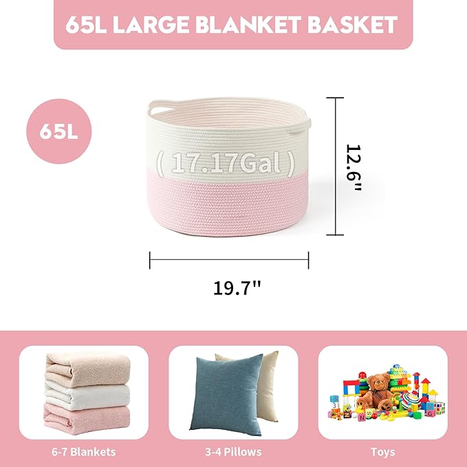 Foldable Laundry Hamper Basket with Collapsible Handle Cotton Rope Soft Woven Fabric Storage Organizer Clothes Toys Nursery Bedroom Dorm Space Saving Bin (White & Pink, 65L(19.7"D x 12.6"H))