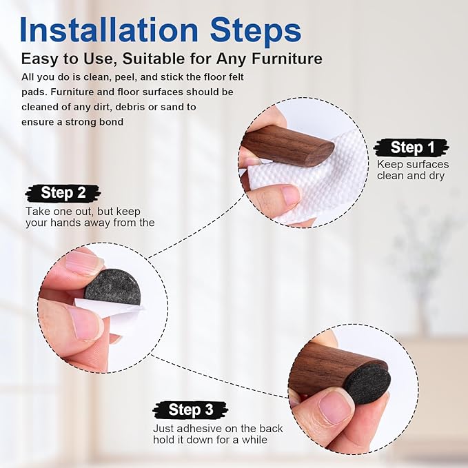 Felt Furniture Pads 224 PCS, 10 Sizes, Felt Pads for Chair Legs, Suitable for Round and Square Chair Legs, to Prevent Scratches, Reduce Noise and Protect The Floor (Black)