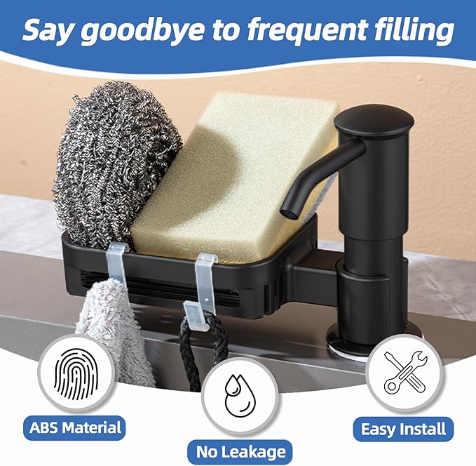 Soap Dispenser for Kitchen Sink, Built in Soap Dispenser Pump with Sponge Holder, Under Counter Black ABS Pump Head with 38" Extension Tube Kit, Good Suction Power (Black)