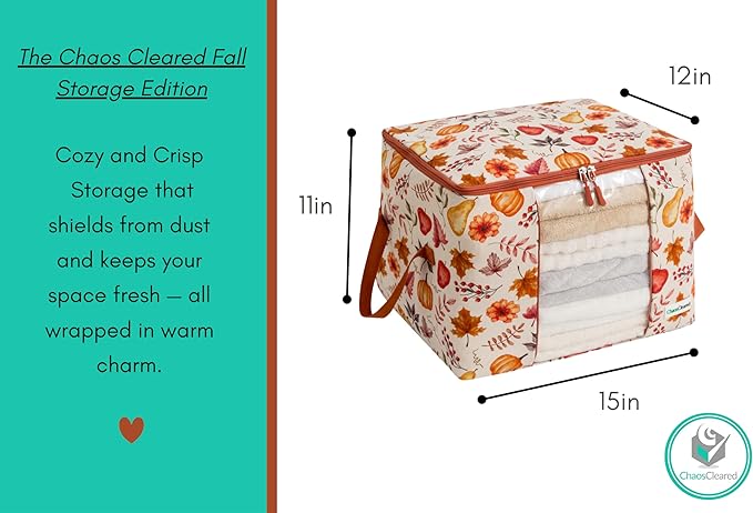 Chaos Cleared Canvas Storage Bags Designer Organizer 2 Pack – Seasonal Storage for Sweaters, Blankets, Linens & Garments – Foldable Design with Zip & Window, Moth-Proof Space Saver, Autumn Print