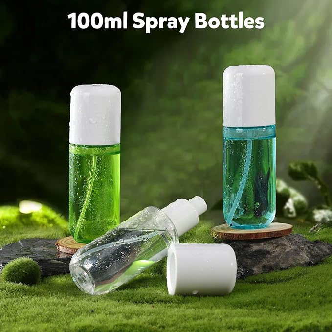 Bynccea Travel Spray Bottle 3.4oz/100ml Plastic Mini Bottle Set - Fine Mist Mini Empty Spray Bottles - Refillable Small Spray Bottles for Cleaning Solutions, Liquid Cosmetics