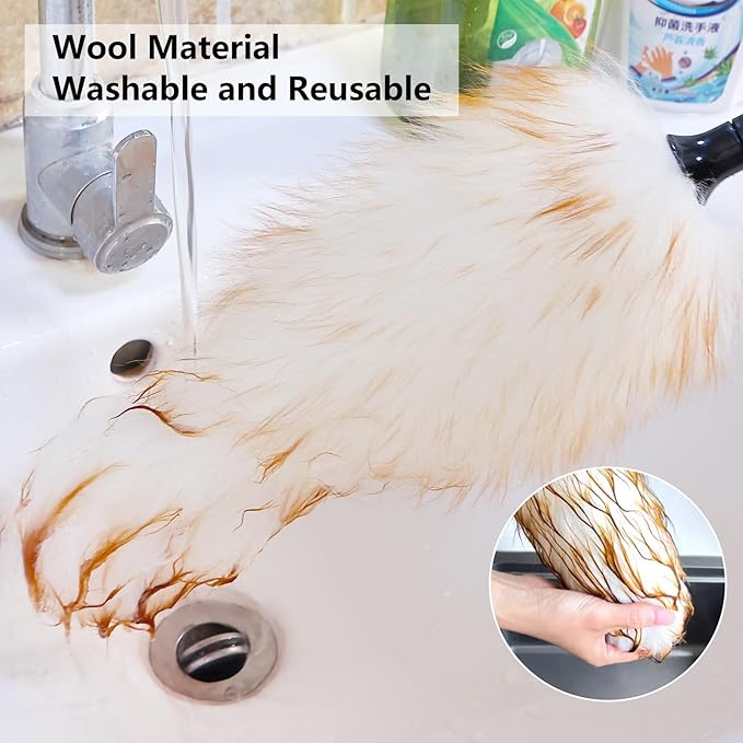 Lambswool Duster Extendable 31-55 Inch, Natural Electrostatic Feather Duster for Cleaning with Aluminum Extension Pole Reusable for High Ceilings, Fans, Blinds, Furniture, Interior & Roof Dusting