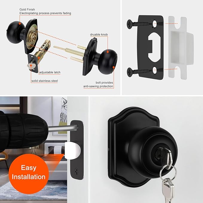 Haidms Keyed Entry Black Door Knob Interior, Exterior Locking Door Knobs, Matte Black Exterior Doorknobs with Lock and Key, 6 Pack