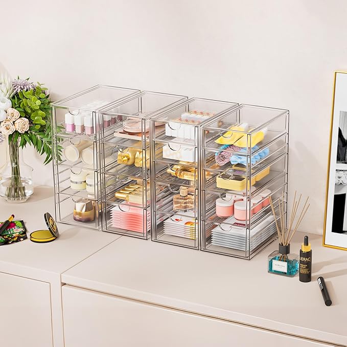 Acrylic Makeup Organizer with 31 Drawers, 6 Pack Clear Storage Drawers, Bathroom Makeup Organizer for Palettes, Cosmetic, and Beauty Supplies,Ideal for Vanity, Cabinet,Desk Organization