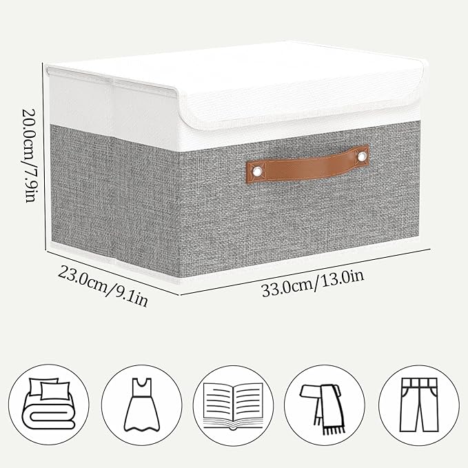 OUTBROS Large Fabric Storage Box with Lid, Collapsible Wardrobe Organiser, Linen Cubes For Towels, Clothes, 13 x 9.1 x 7.9 inch (White/Grey, 3-Pack)