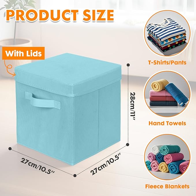 ShellKingdom Storage Bins, Foldable Fabric Storage Cubes with Lid, Clothes Storage Organizer Drawer For Closet Toys Storage, 10.5 X 10.5 X 11 INCH, 2 Pack (Light Blue)