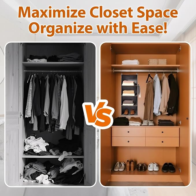 Hanging Closet Organizer 4 Shelf - Hanging Cube Organizer with Pockets, Sweater Shoe Storage, Max Storage for RV Closet, Grey (2)