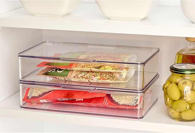 iDesign Plastic Stackable Hinged-Lid Pantry or Kitchen Storage Box - Set of 4 - Clear