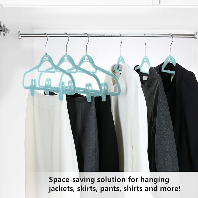 Velvet Hangers, Non-Slip Ultra Slim Space Saving Hanger, with notches, tie bar, and Swivel Hooks, 30 Pack, with Bonus 20 Matching Velvet Finger Clips. Blue (Aqua)
