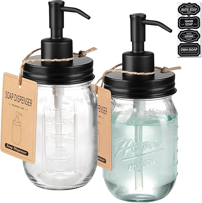 SheeChung 16 Oz Mason Jar Liquid Soap Dispenser, Glass Hand Soap Dispenser, Stainless Steel Pump Lid, Refillable Lotion Dispensers for Bathroom Countertop Kitchen (2, Black)