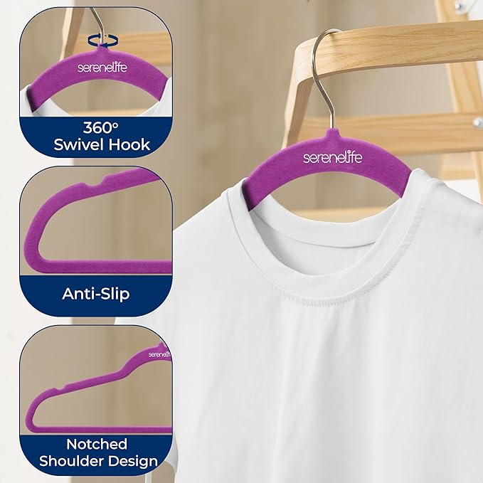 SereneLife 50 Pack Velvet Hangers - Non-Slip, 360° Swivel Hook - Ultra-Thin, Lightweight Velvet Hangers for Shirts, Sweaters, Hoodies, Kids Clothes & Dresses - Space-Saving