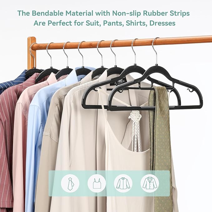 NCXTKJ Coat Hangers 50 Pack, Plastic Clothes Hangers Non Slip with Rubber Grip, Heavy Duty Hanger with 360° Swivel Metal Hook, Ultra Thin Hangers Space Saving for Closet Organizer, Black and Dark Gray