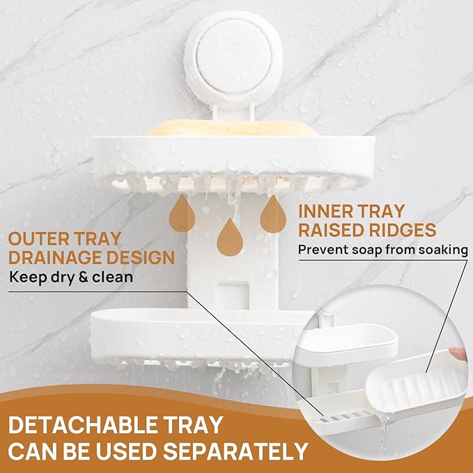 LEVERLOC Soap Dish Holder for Shower Double Layer Suction Cup Wall Mounted NO-Drilling Self Draining Removable Waterproof Strong Suction Bar Soap Sponge Holder for Shower Bathroom Bathtub Kitchen