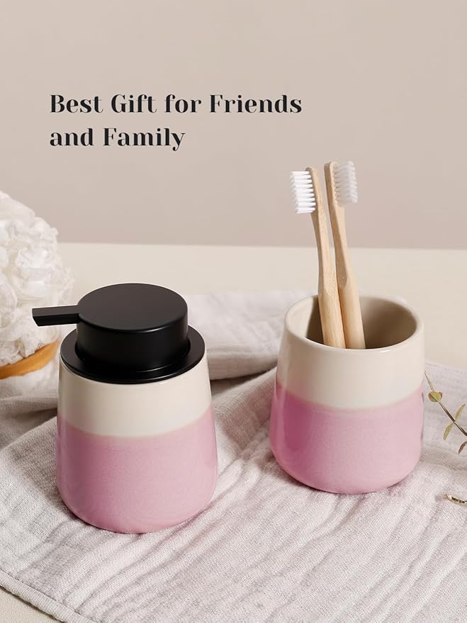INGOFIN Ceramic Toothbrush Holder Cup, 12 oz Toothpaste Holder for Bathroom Vanity and Countertop, Organizer for Cosmetic, Makeup, Office Pencils, for Hotel Apartment, Beige and Pink