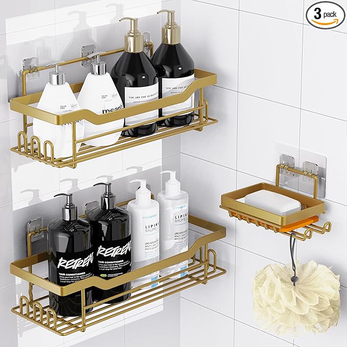 Shower Caddy Shelves Organizer Rack, 3 Pack Shower Caddy with Soap Holder,No Drilling Wall Mounted Self Adhesive Shower Shelves for Inside Shower,Matte Gold