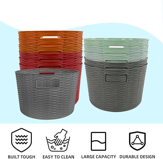 12-Pack Plastic Storage Baskets, Stackable & Nestable Organizer Bins for Toys, Clothes, Home (Multicolor - Circular)