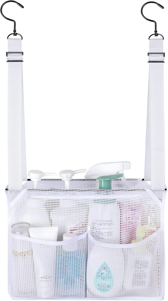 GUMQDD 4 Storage Pockets Adjustable Hanging Mesh Bathroom Bag, Shower Caddy College with Hooks, Applied to College Dorm Rooms, Gym, Swimming and RV Travel (White)