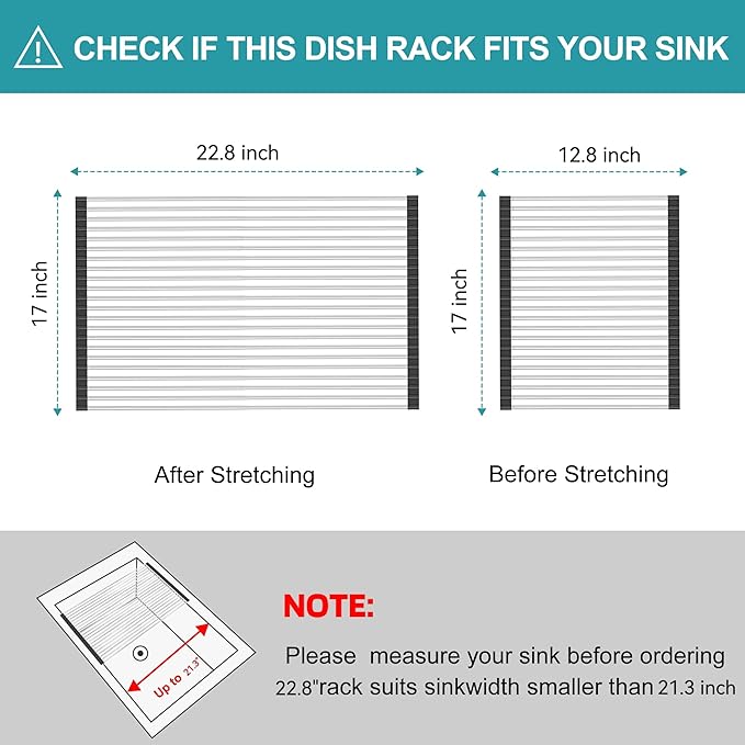 BBXTYLY Extra Large Expandable Roll Up Dish Drying Rack,Over The Sink Drying Rack Sink Cover Kitchen Sink Accessories Kitchen Rolling up Stainless Steel Drainer, Foldable,Rollable（Black，25.1''-17.3''）