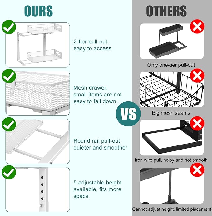 Housolution Under Sink Organizer, 2 Tier Metal Pull Out Under Sink Storage with Sliding Mesh Drawers, Height Adjustable Slide Out Under Sink Organizer for Kitchen Bathroom Cabinet, 2 Pack, White