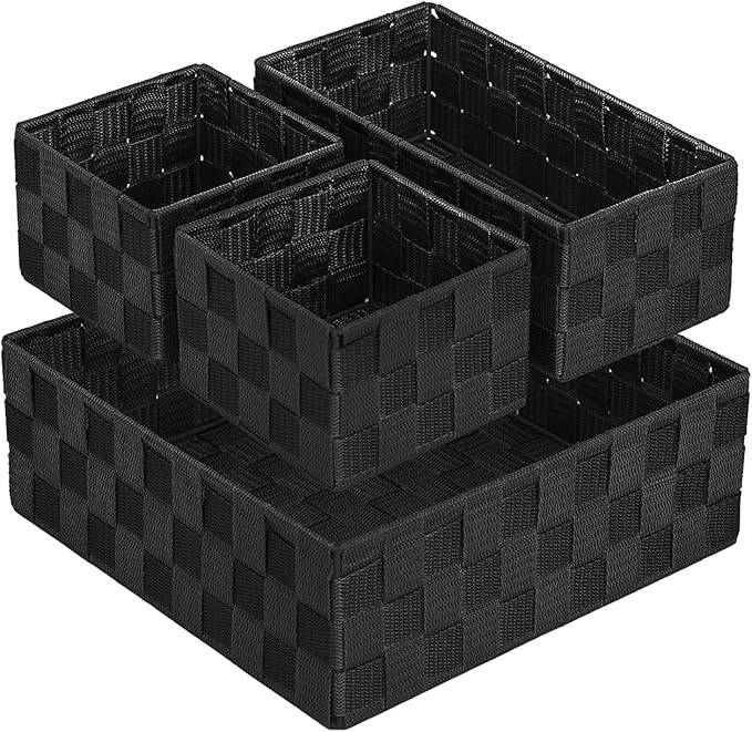 Posprica Woven Storage Baskets for Organizing, Small Black Baskets Cube Bin Container Tote Organizer Divider for Drawer, Closet, Shelf, Dresser, Set of 4