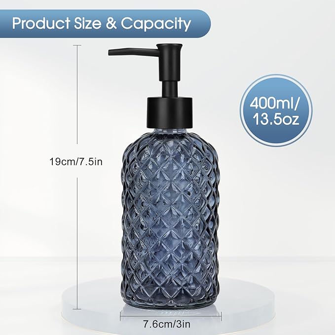 2 Pack Gem Glass Soap Dispenser with Black Plastic Pump, 13oz Liquid Hand Soap Dispenser, Rustproof Pump for Kitchen & Bathroom, Great for Lotions, Essential Oil, Liquid Soaps-Grayish Blue