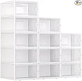 X-Large Plastic Clear Shoe Storage Boxes Stackable 12 Pack Fit Size 11, Shoe Rack & Holder Substitute, Sneaker Containers, Toy Storage Organizer for Entryway, Closet, Under Bed (White)